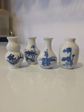 Set of 4 Mini Blue and White Porcelain Bud Vases